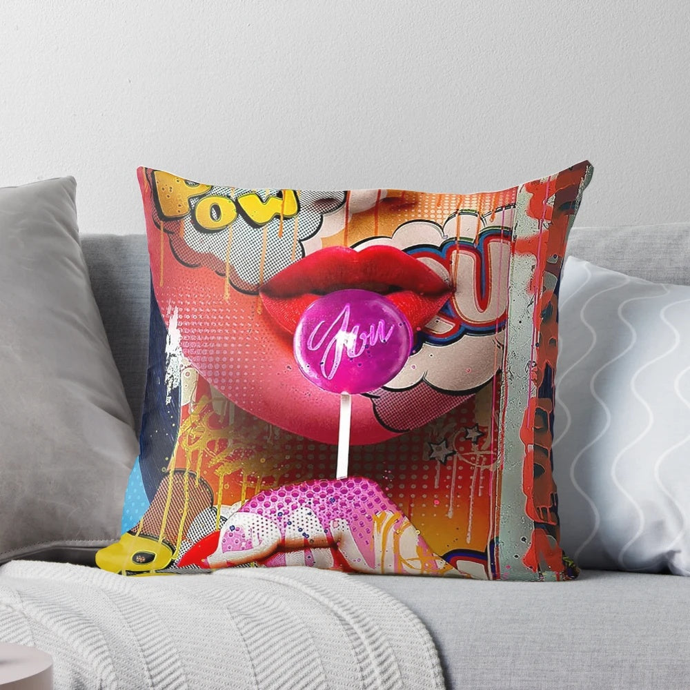 Colorful pop art style pillow cover featuring bold, geometric patterns