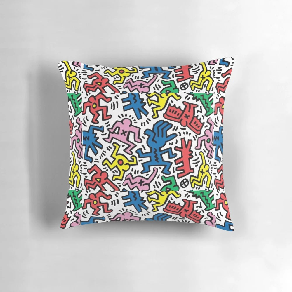 Colorful pop art-inspired pillow with a fun, cartoonish design