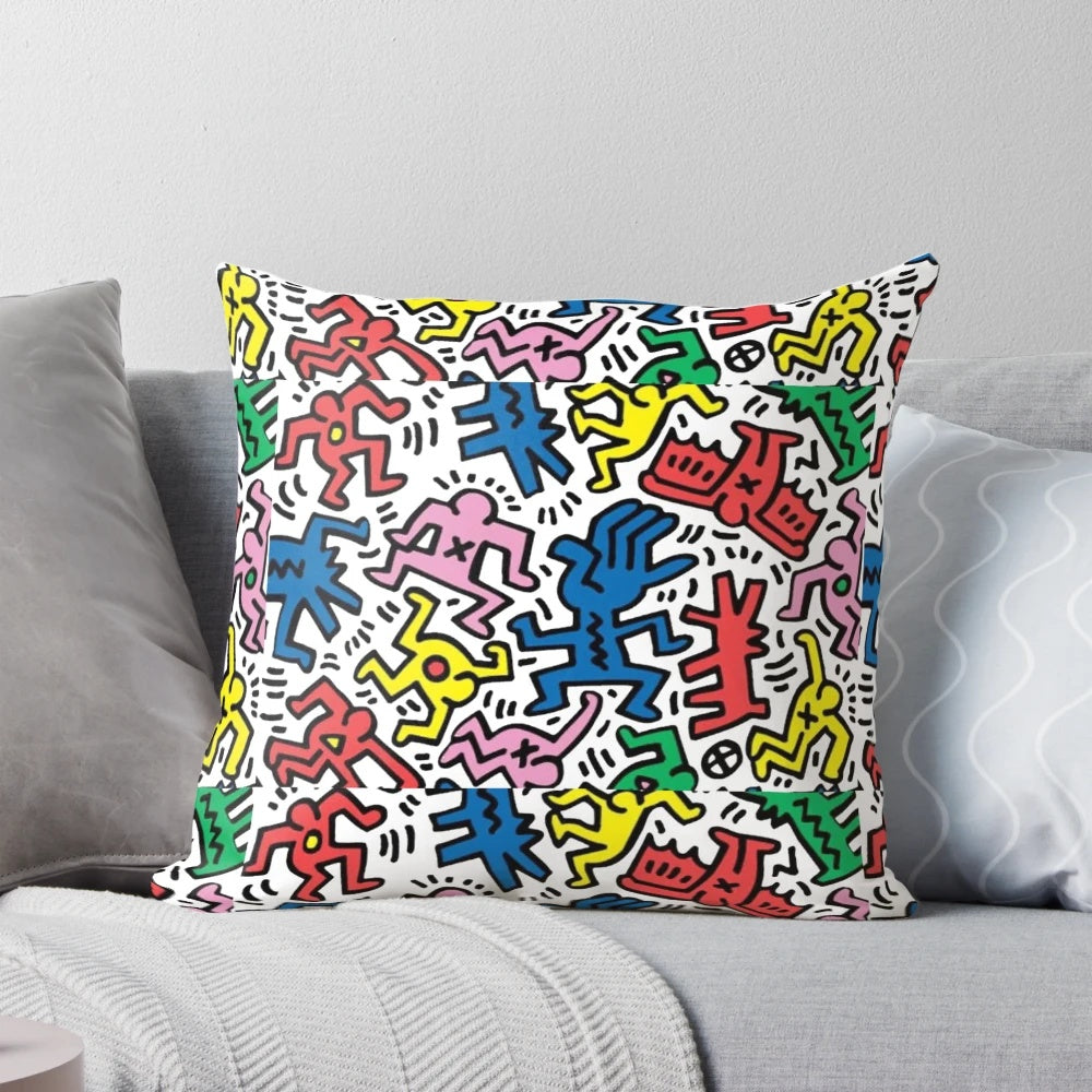 Colorful pop art-inspired pillow with a fun, cartoonish design