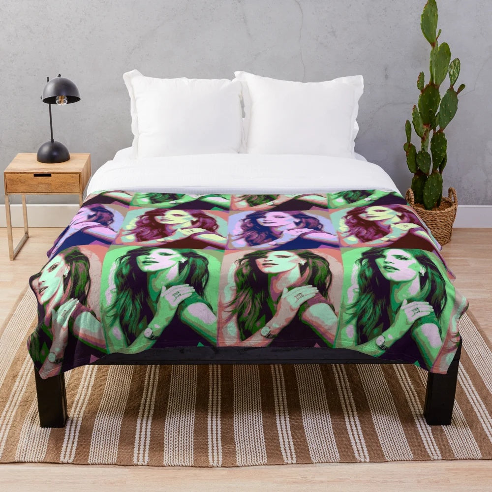 Colorful pop art style plush blanket with portrait of Hollywood actress Jessica Chastain