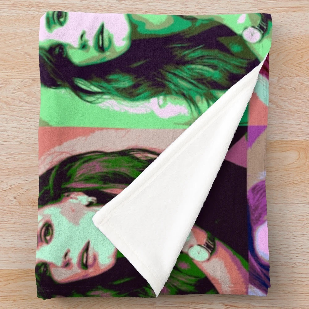 Colorful pop art style plush blanket with portrait of Hollywood actress Jessica Chastain