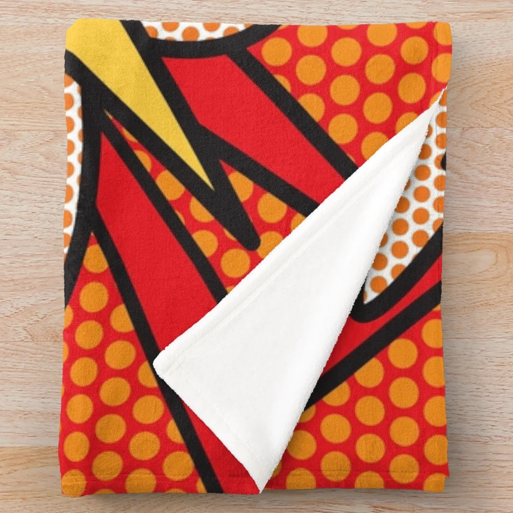 Colorful pop art style plush blanket featuring comic book graphics