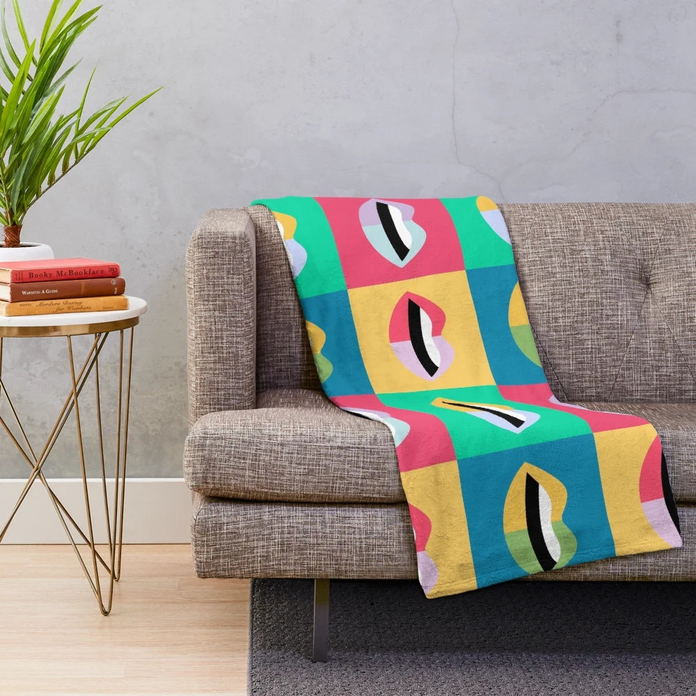 Colorful pop art style plush blanket featuring retro lips and mouth design