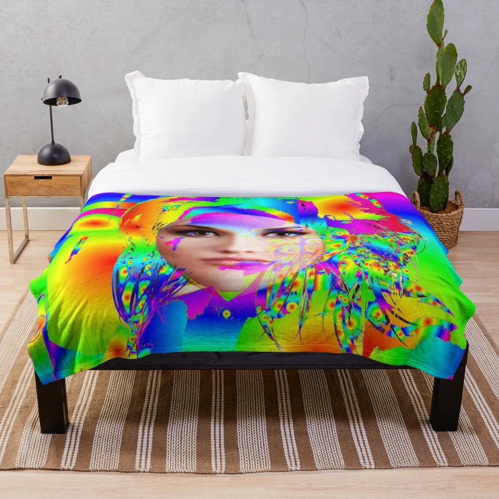 Colorful pop art inspired plush blanket with abstract woman design