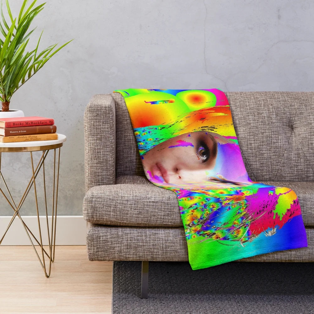 Colorful pop art inspired plush blanket with abstract woman design