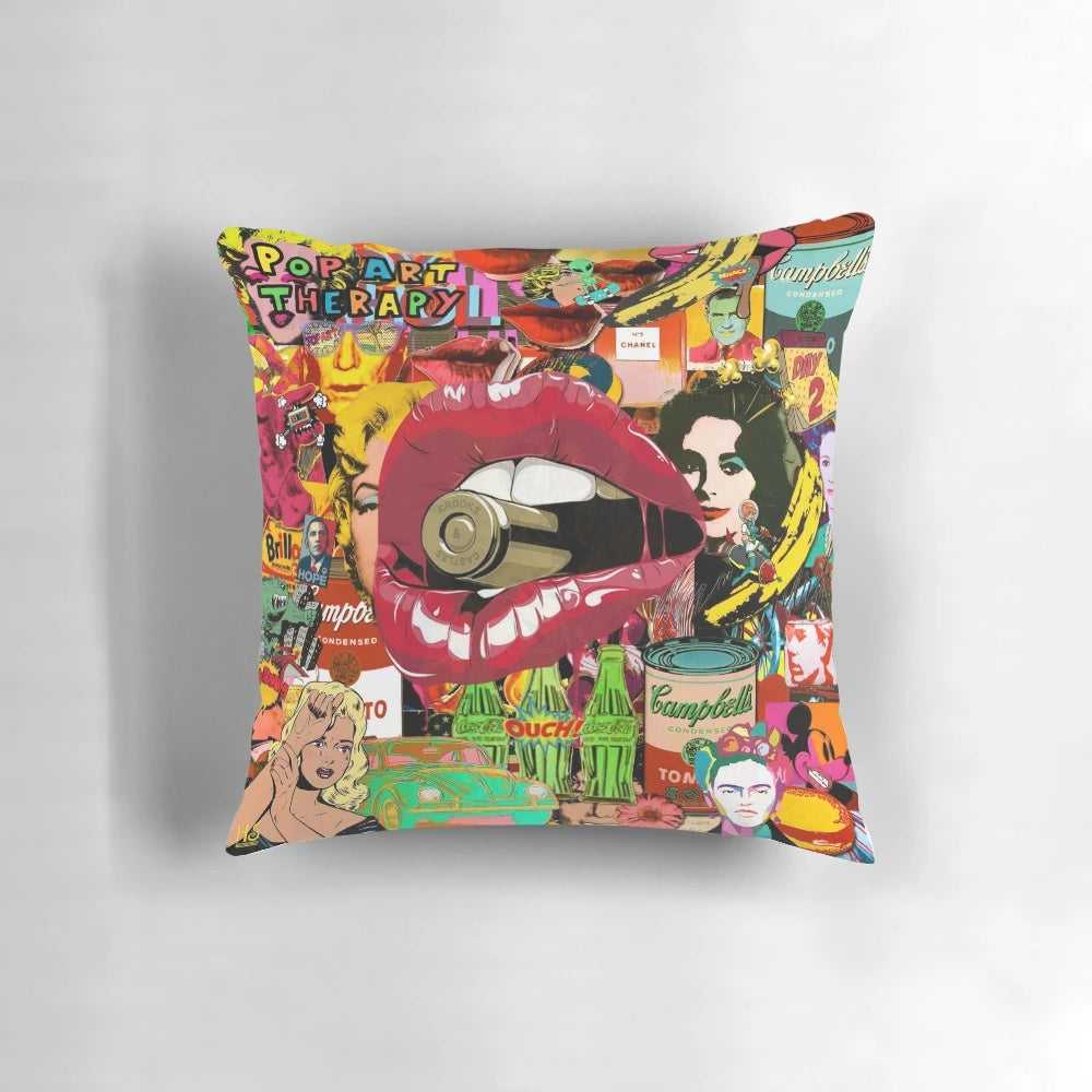 Colorful pop art inspired decorative throw pillow with surreal design