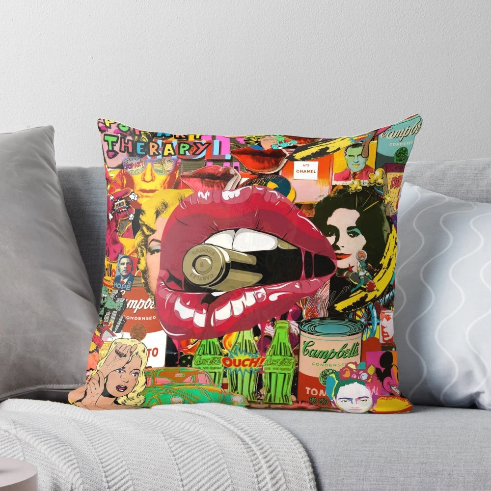 Colorful pop art inspired decorative throw pillow with surreal design