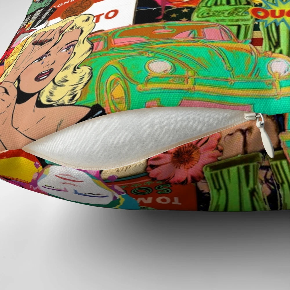 Colorful pop art inspired decorative throw pillow with surreal design
