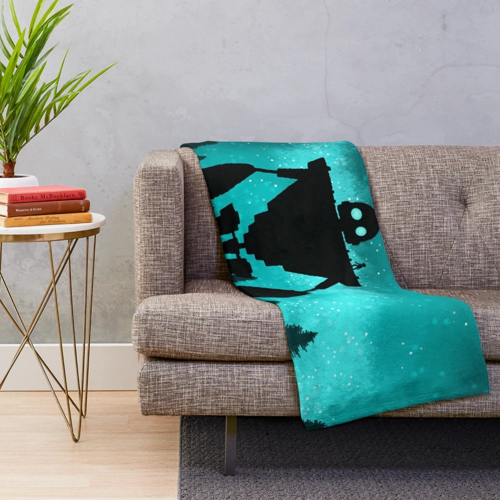 Colorful and cozy plush blanket featuring a graphic design inspired by the movie The Iron Giant