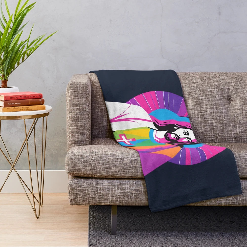 Vibrant pop art design of Jesus wearing retro sunglasses
