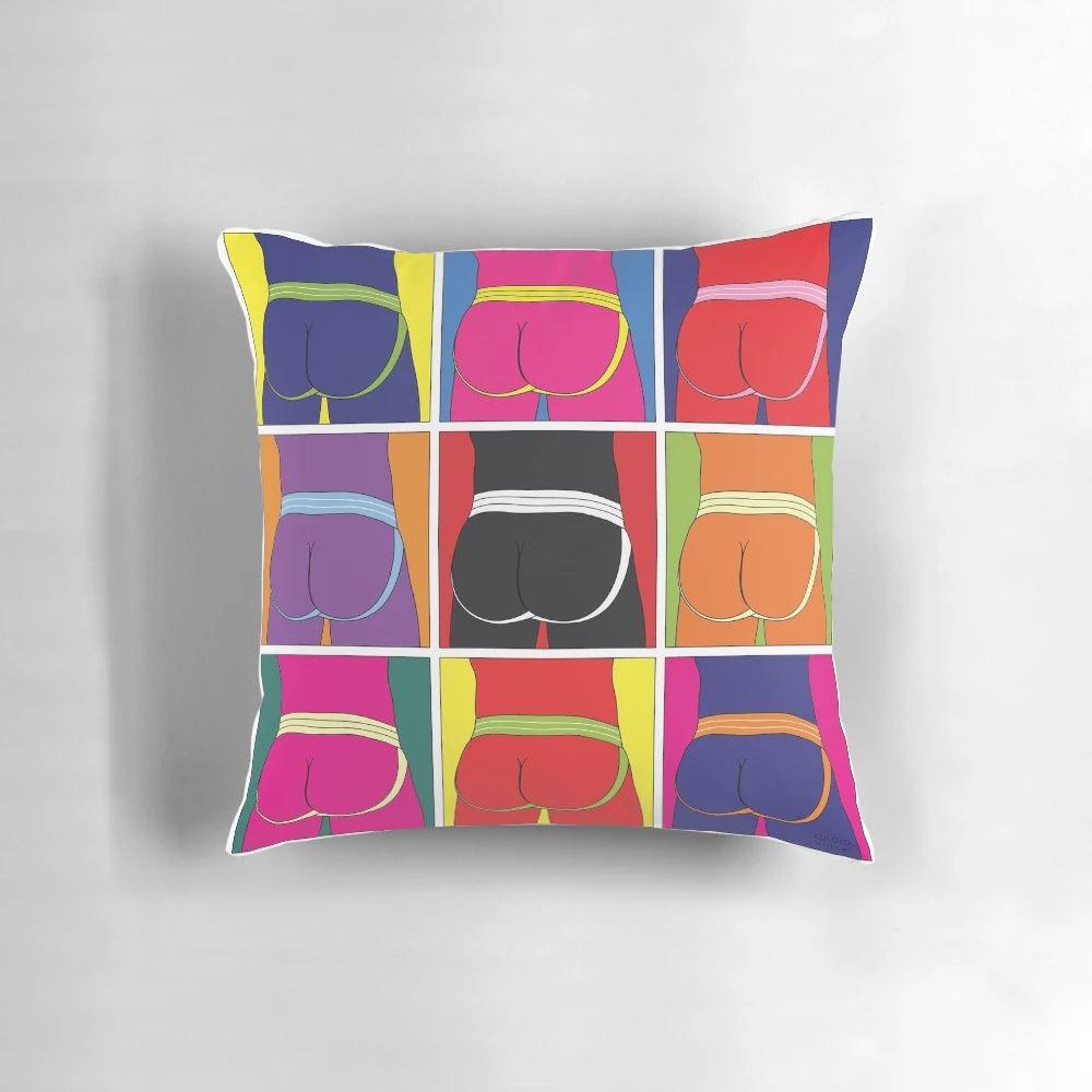 Colorful pop art-inspired pillow featuring a male figure in a jockstrap
