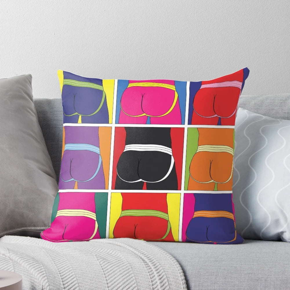 Colorful pop art-inspired pillow featuring a male figure in a jockstrap
