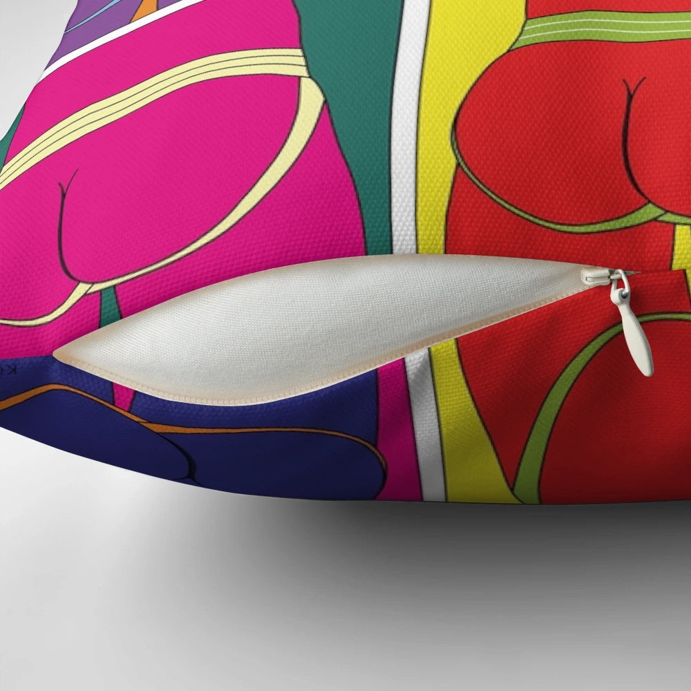 Colorful pop art-inspired pillow featuring a male figure in a jockstrap