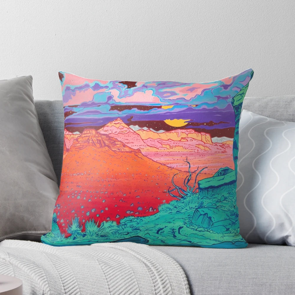 Vibrant pop art pillow featuring a colorful landscape with clouds, a moon, and desert rocks