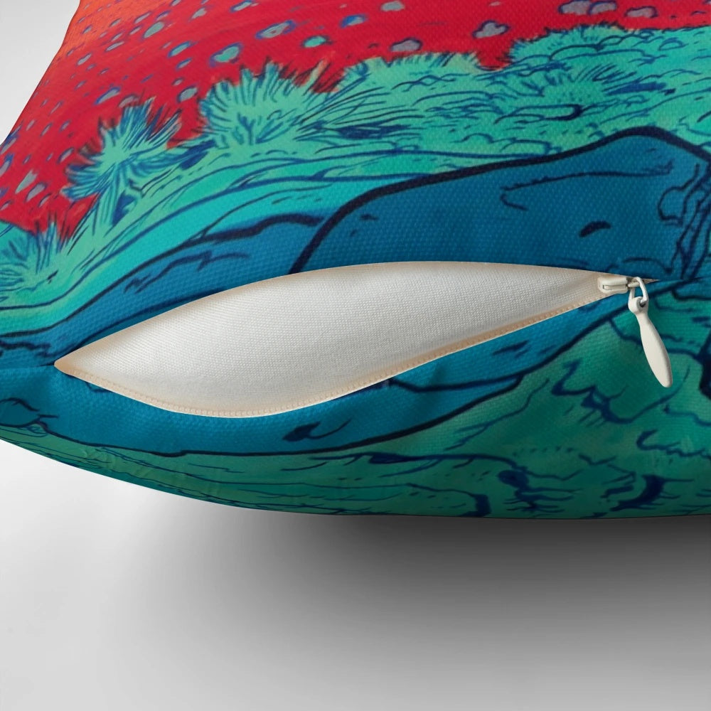 Vibrant pop art pillow featuring a colorful landscape with clouds, a moon, and desert rocks
