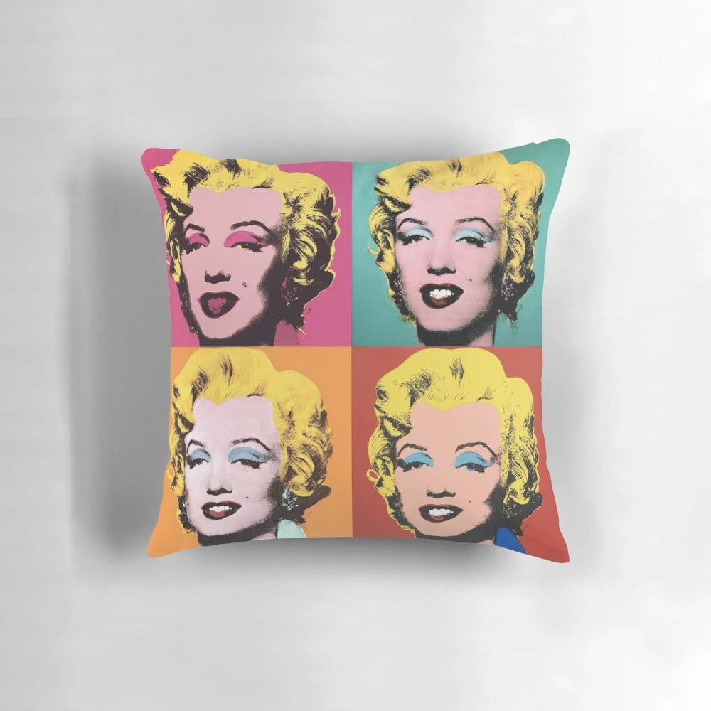 Colorful decorative throw pillow featuring Marilyn Monroe's iconic image in the style of Andy Warhol's pop art