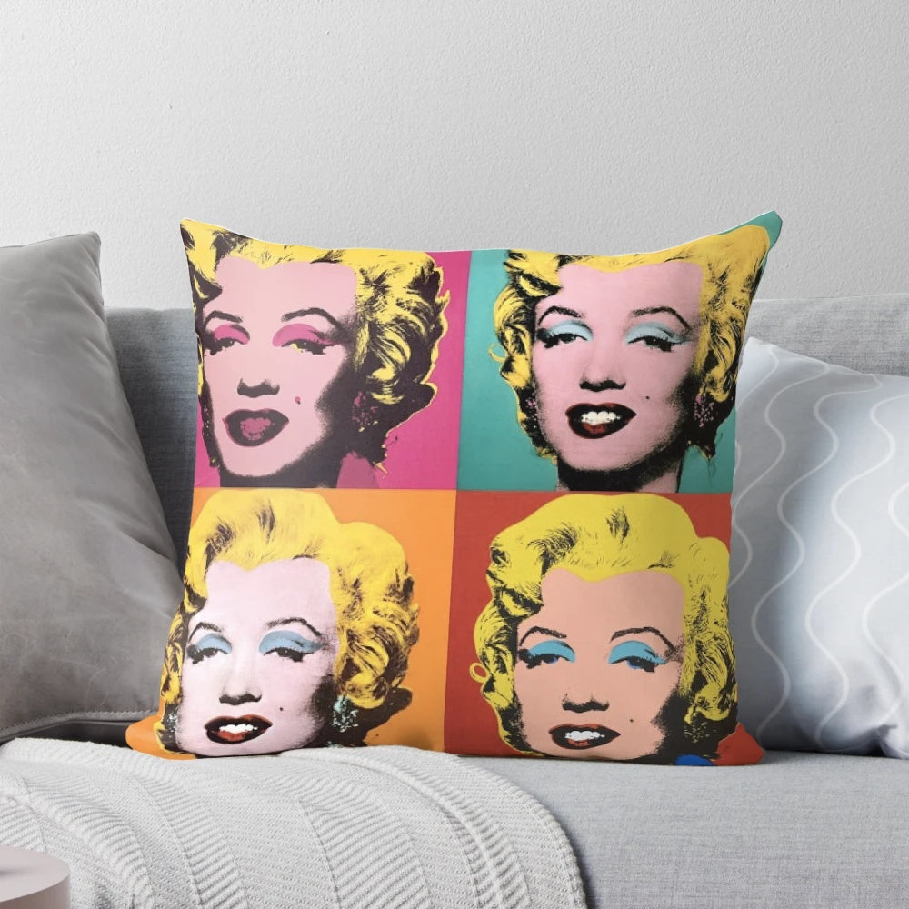 Colorful decorative throw pillow featuring Marilyn Monroe's iconic image in the style of Andy Warhol's pop art