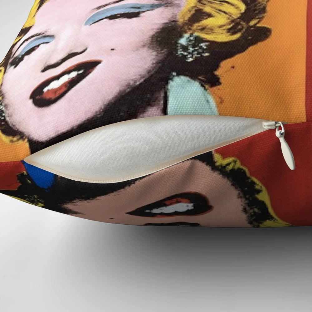 Colorful decorative throw pillow featuring Marilyn Monroe's iconic image in the style of Andy Warhol's pop art