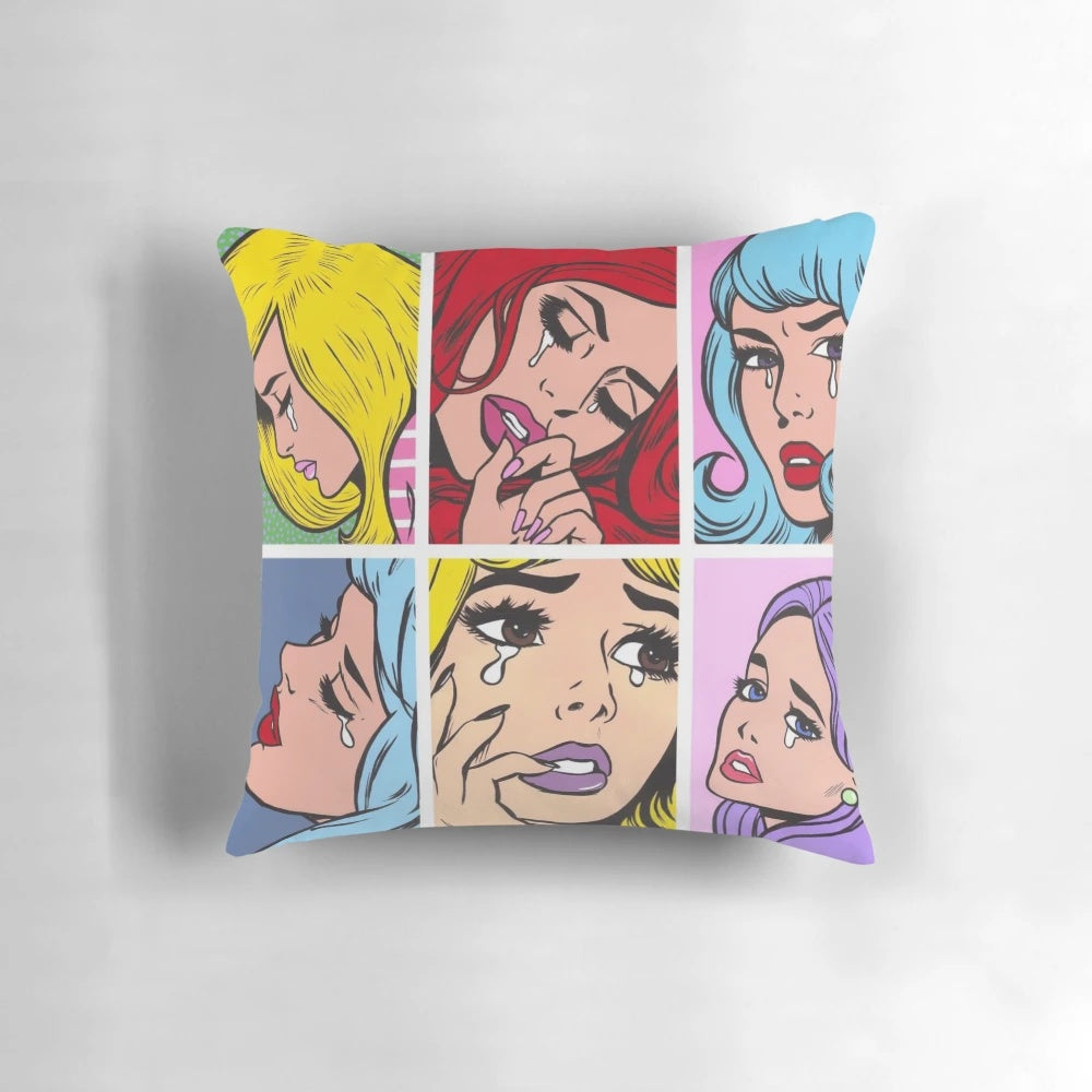Colorful pop art pillow featuring comic book-style paintings by the renowned artist Roy Lichtenstein.