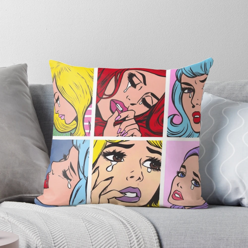Colorful pop art pillow featuring comic book-style paintings by the renowned artist Roy Lichtenstein.