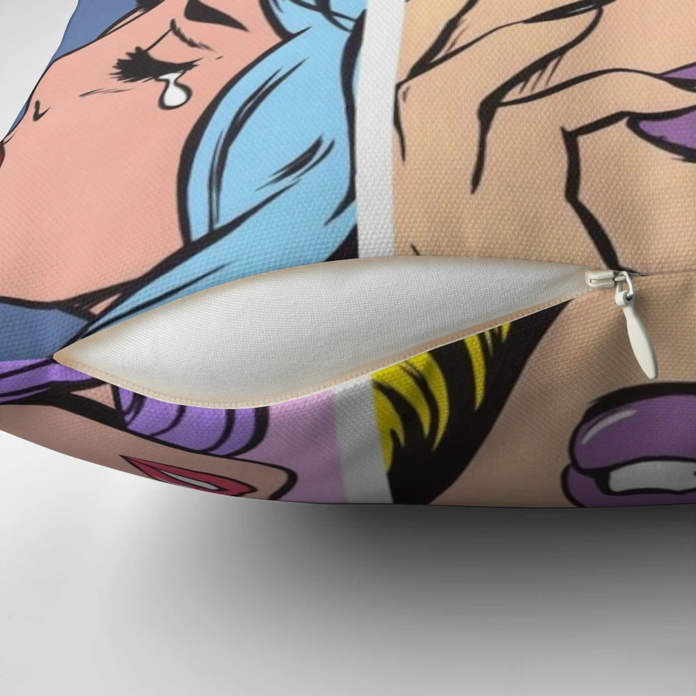 Colorful pop art pillow featuring comic book-style paintings by the renowned artist Roy Lichtenstein.