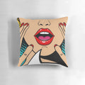 Colorful pop art throw pillow featuring comic book-inspired designs and Roy Lichtenstein's iconic style