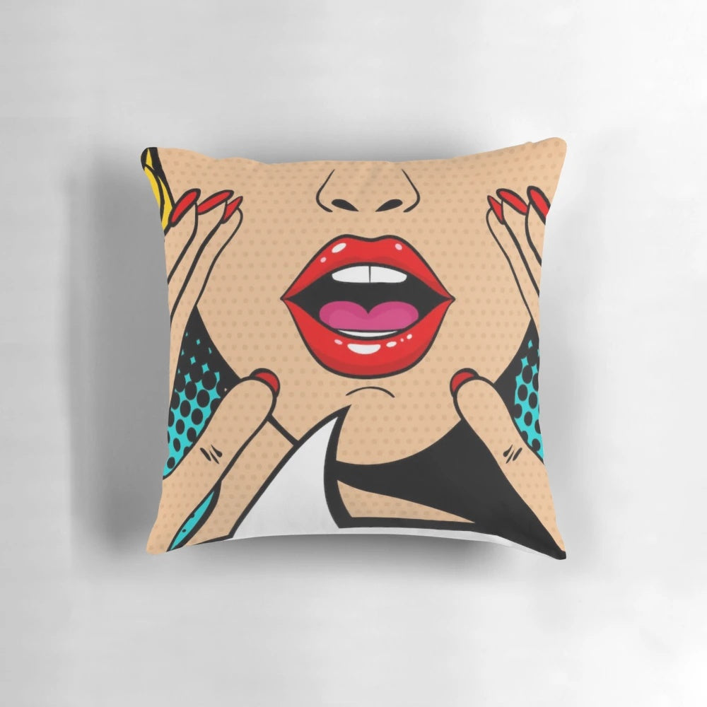 Colorful pop art throw pillow featuring comic book-inspired designs and Roy Lichtenstein's iconic style