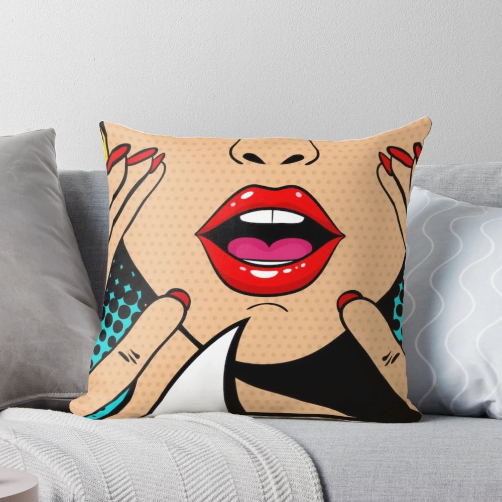 Colorful pop art throw pillow featuring comic book-inspired designs and Roy Lichtenstein's iconic style