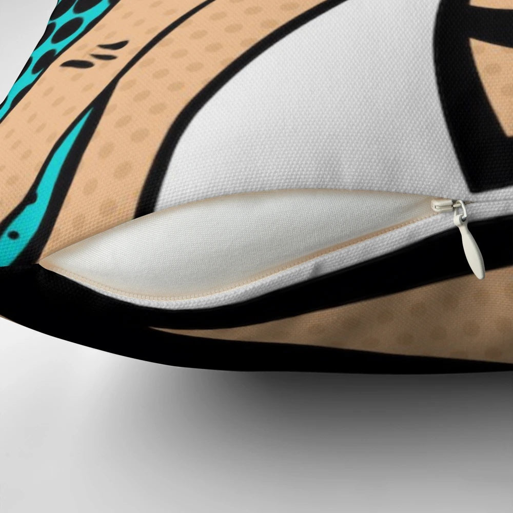 Colorful pop art throw pillow featuring comic book-inspired designs and Roy Lichtenstein's iconic style
