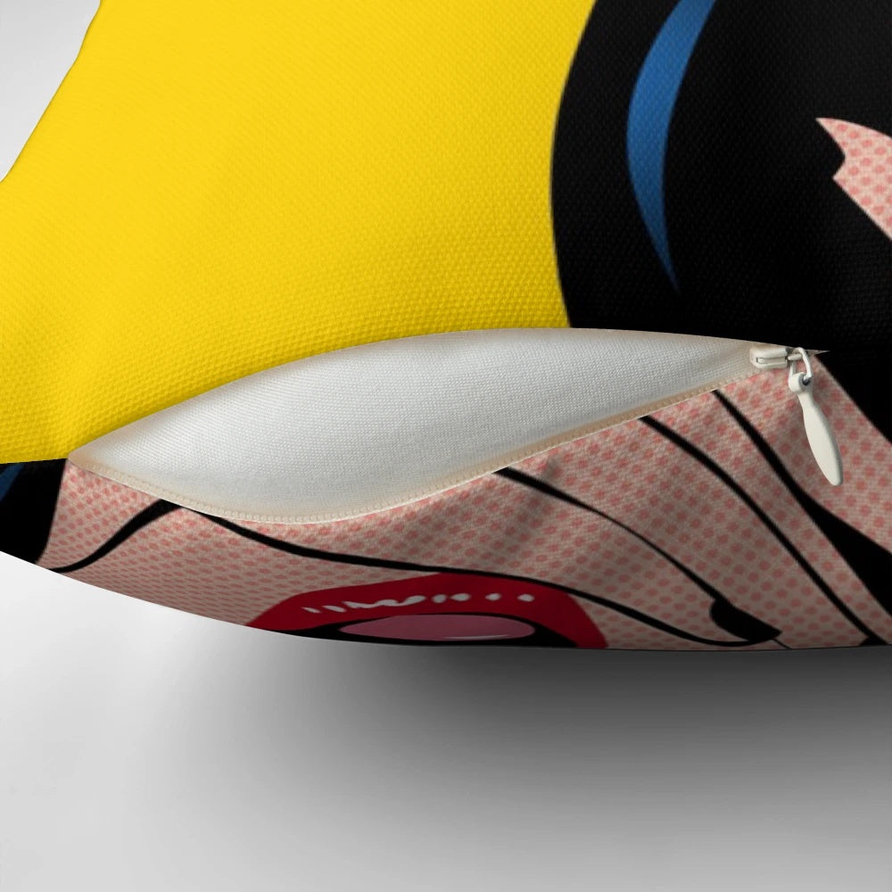 Colorful pop art-inspired pillow with bold graphics and patterns