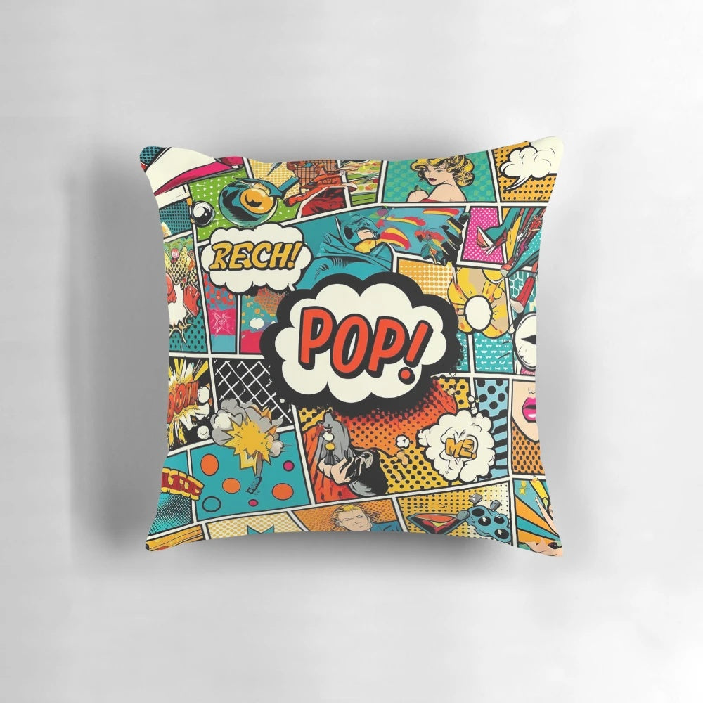 Vibrant pop art pillow with a colorful comic book style design, perfect for adding a touch of trendy style to your living room or any room in your home.