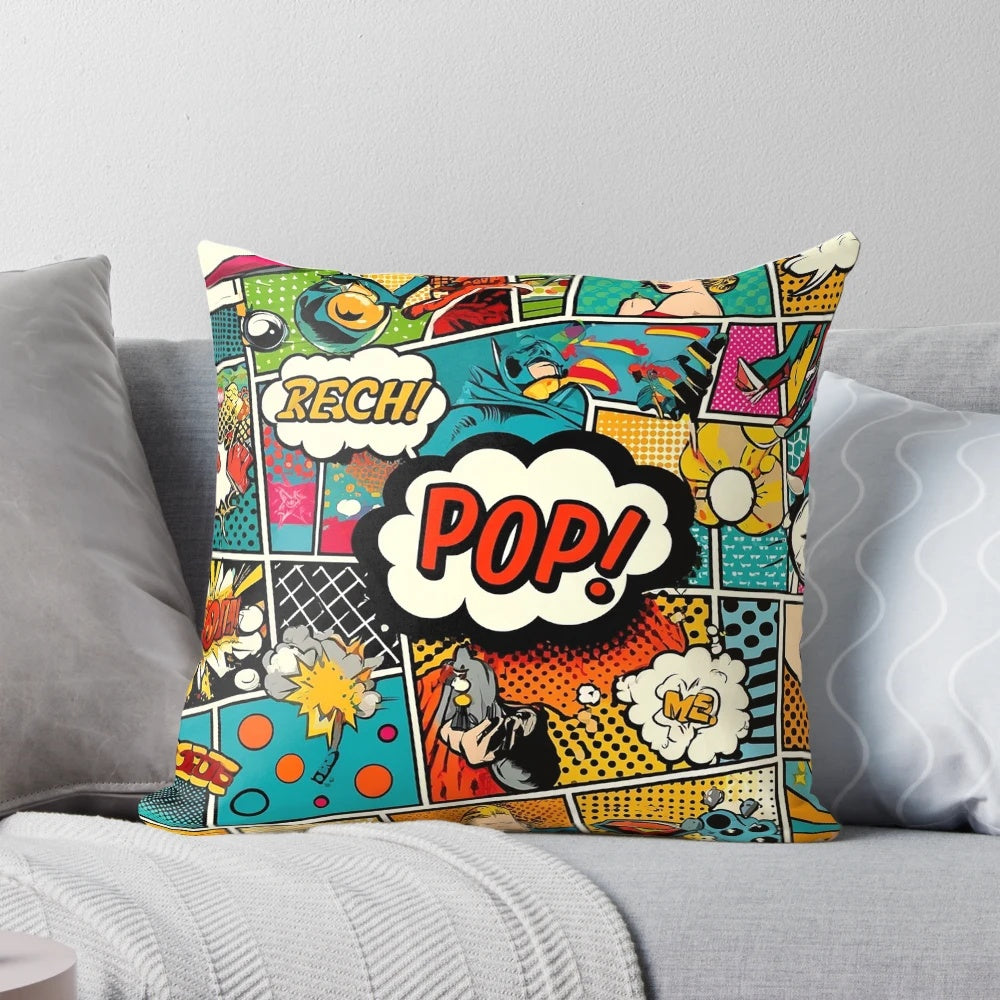 Vibrant pop art pillow with a colorful comic book style design, perfect for adding a touch of trendy style to your living room or any room in your home.