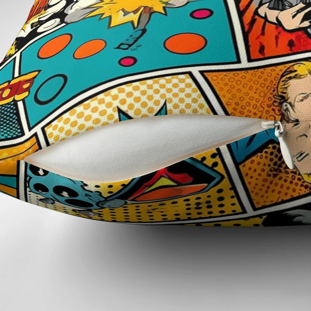 Vibrant pop art pillow with a colorful comic book style design, perfect for adding a touch of trendy style to your living room or any room in your home.