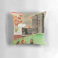 Vibrant pop art pillow featuring a retro collage design with surreal floral elements