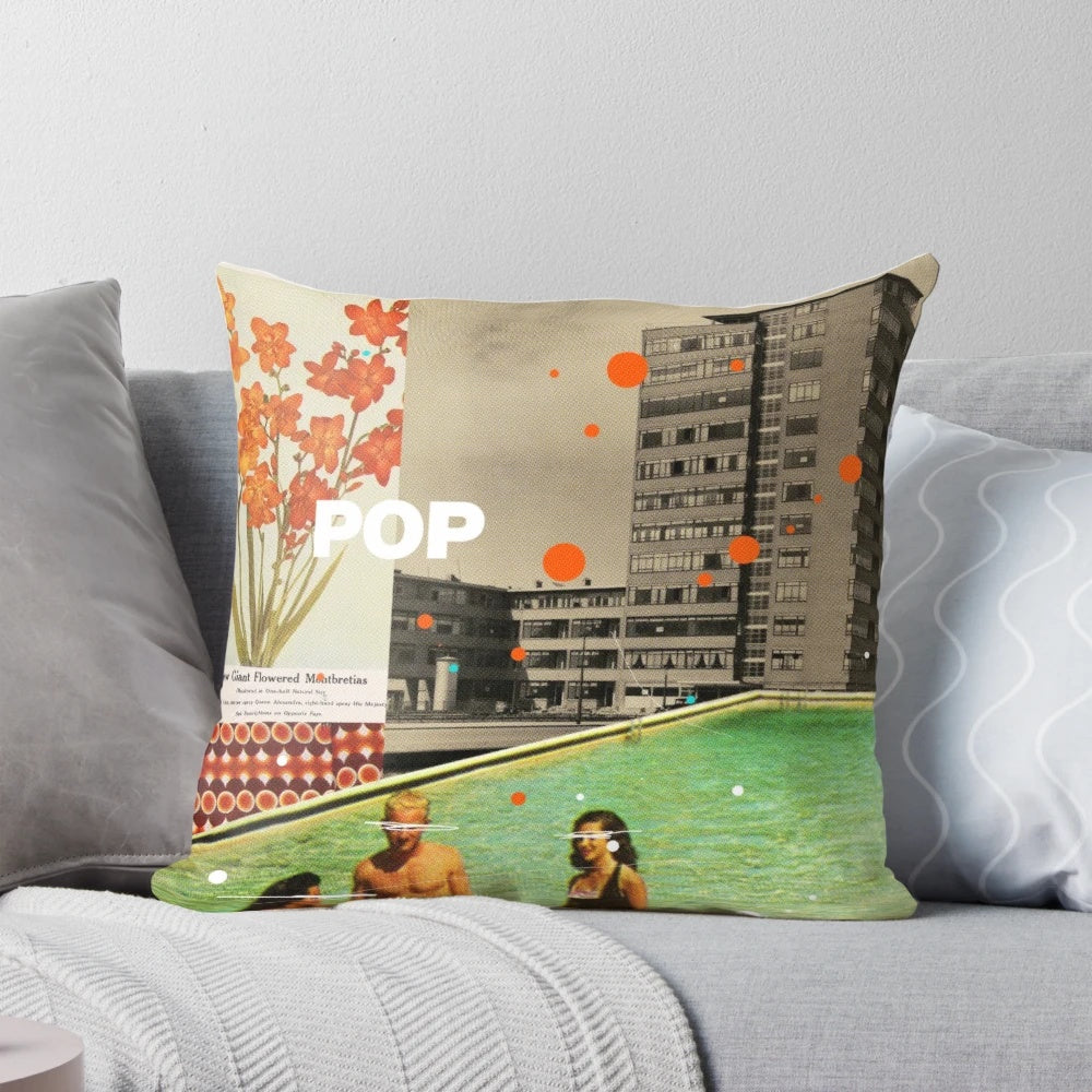 Vibrant pop art pillow featuring a retro collage design with surreal floral elements