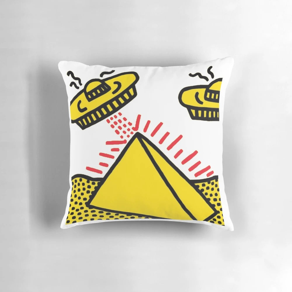 Colorful and whimsical pop art-inspired pillow featuring a playful cartoon design