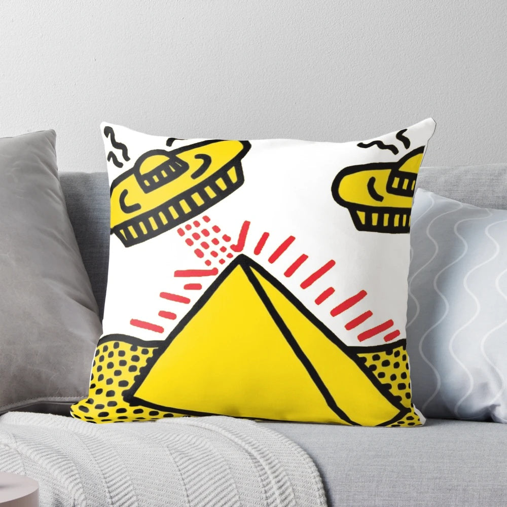 Colorful and whimsical pop art-inspired pillow featuring a playful cartoon design