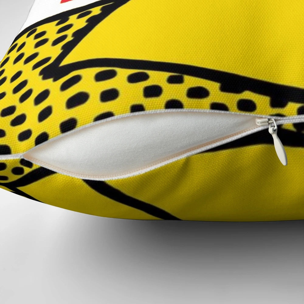 Colorful and whimsical pop art-inspired pillow featuring a playful cartoon design