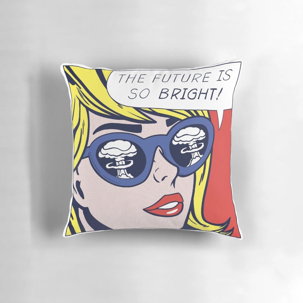 Colorful pop art pillow featuring a stylized atomic bomb explosion in a retro comic book style