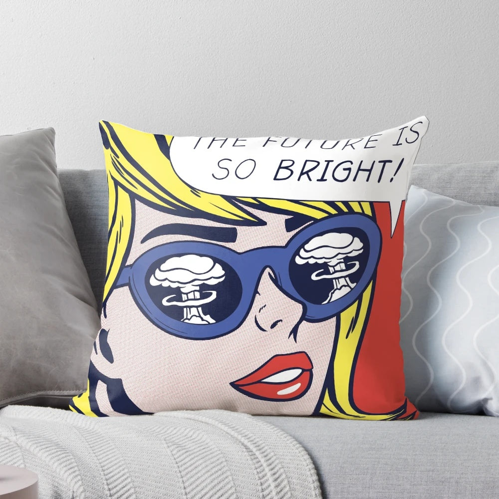 Colorful pop art pillow featuring a stylized atomic bomb explosion in a retro comic book style
