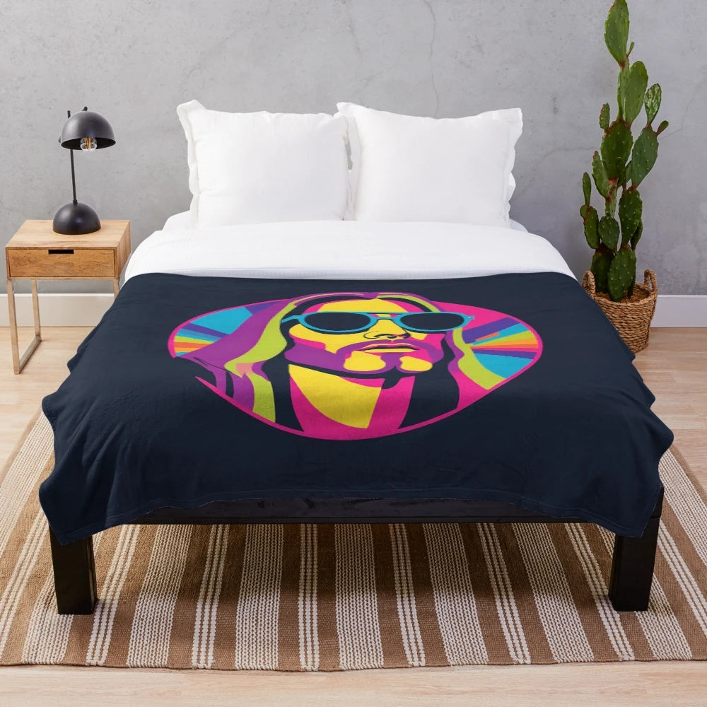 Colorful pop art plush blanket featuring a retro-styled Jesus with sunglasses