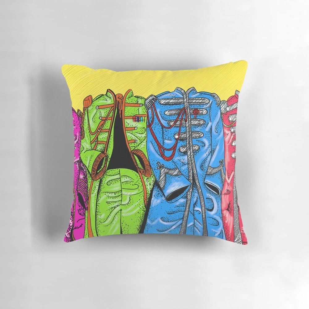 Colorful Sgt Pepper-inspired pop art pillow