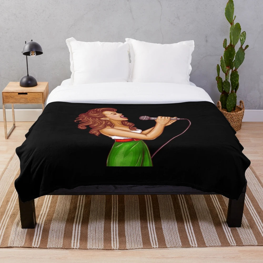 Colorful pop art design of a woman singing on a plush blanket