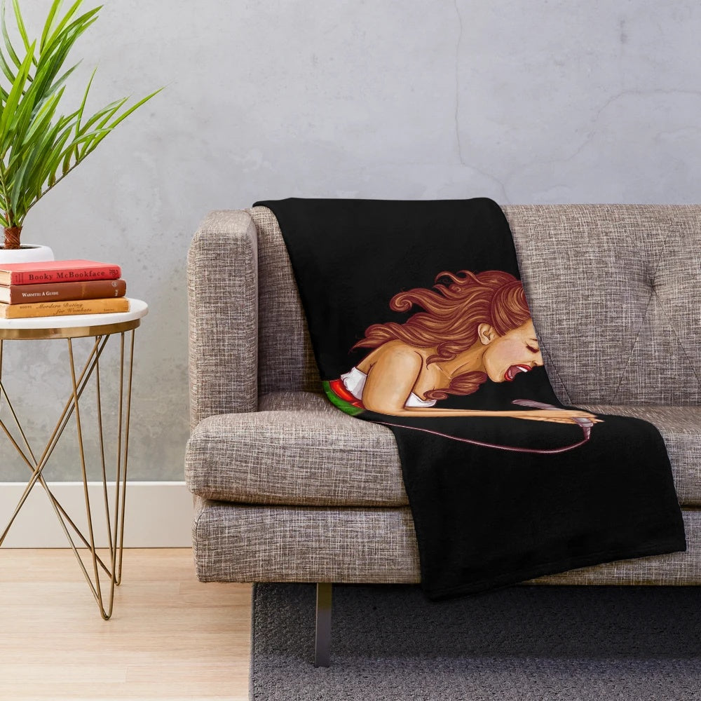 Colorful pop art design of a woman singing on a plush blanket