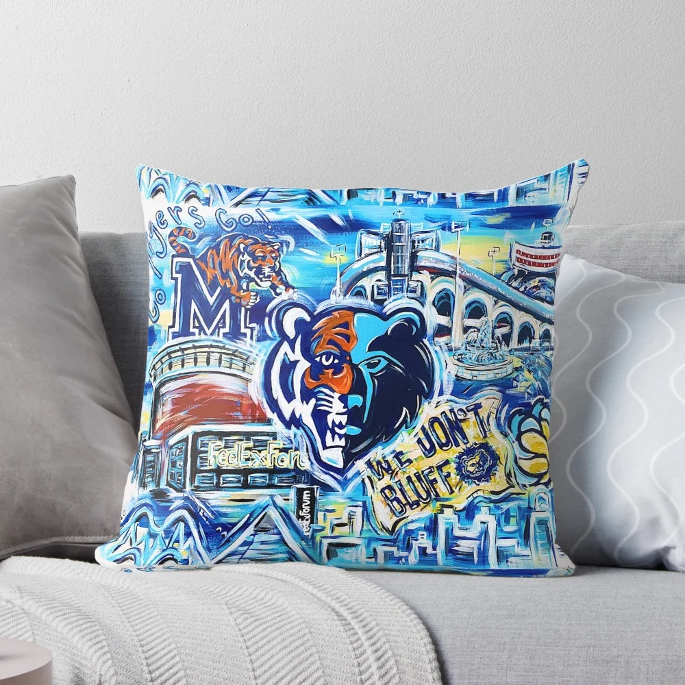 Colorful pop art-inspired sports pillow featuring Memphis Tigers and Grizzlies logos