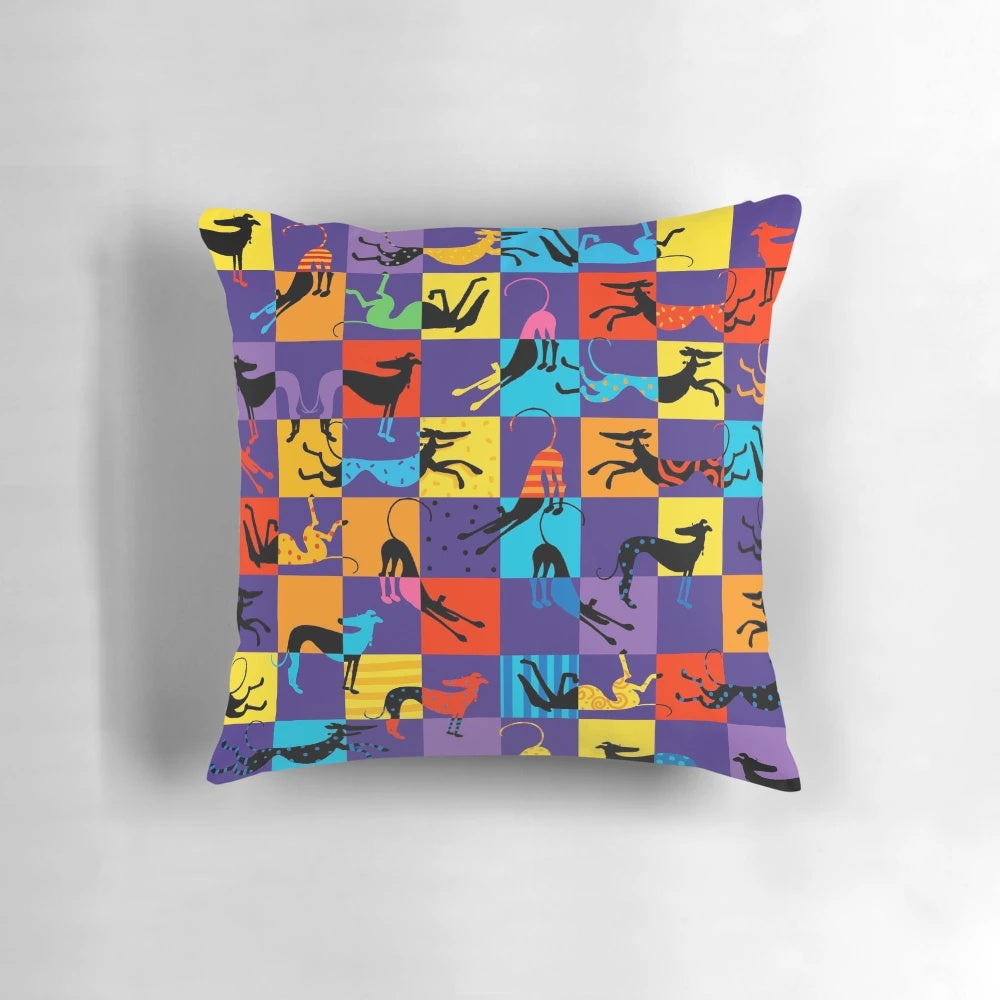 Vibrant pop art-style cushion featuring a colorful cartoon dog design
