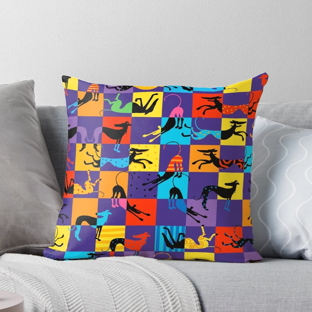 Vibrant pop art-style cushion featuring a colorful cartoon dog design