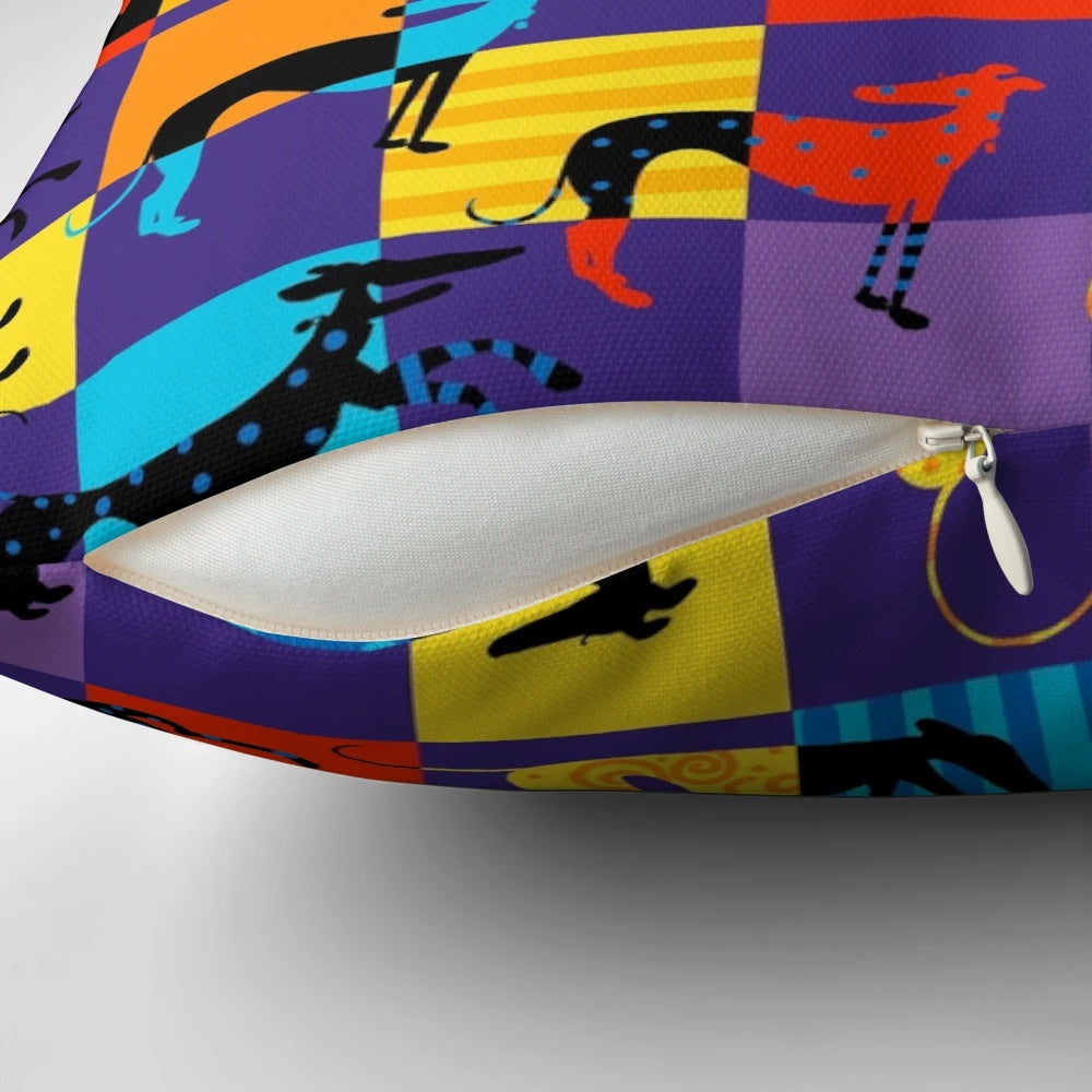 Vibrant pop art-style cushion featuring a colorful cartoon dog design