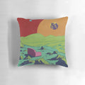 Colorful couch pillow with a cosmic galaxy design featuring the moon, planets, and stars
