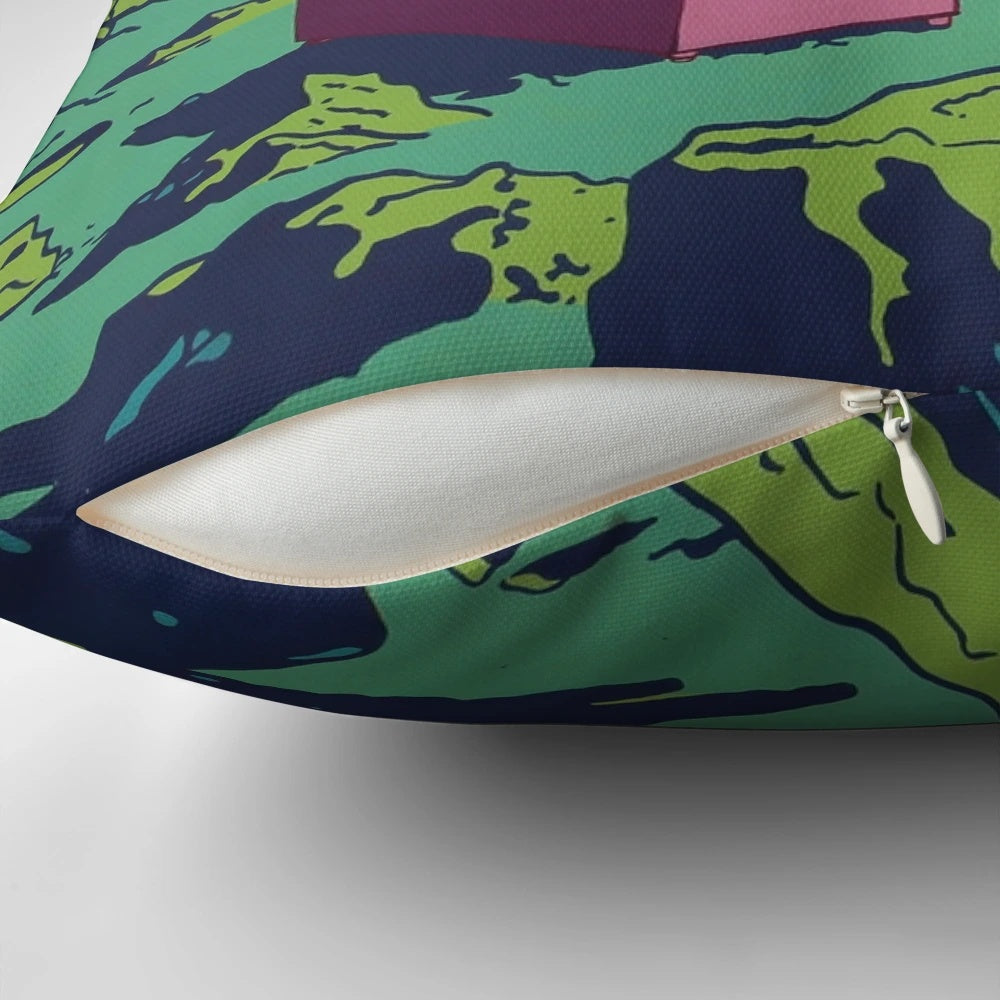 Colorful couch pillow with a cosmic galaxy design featuring the moon, planets, and stars